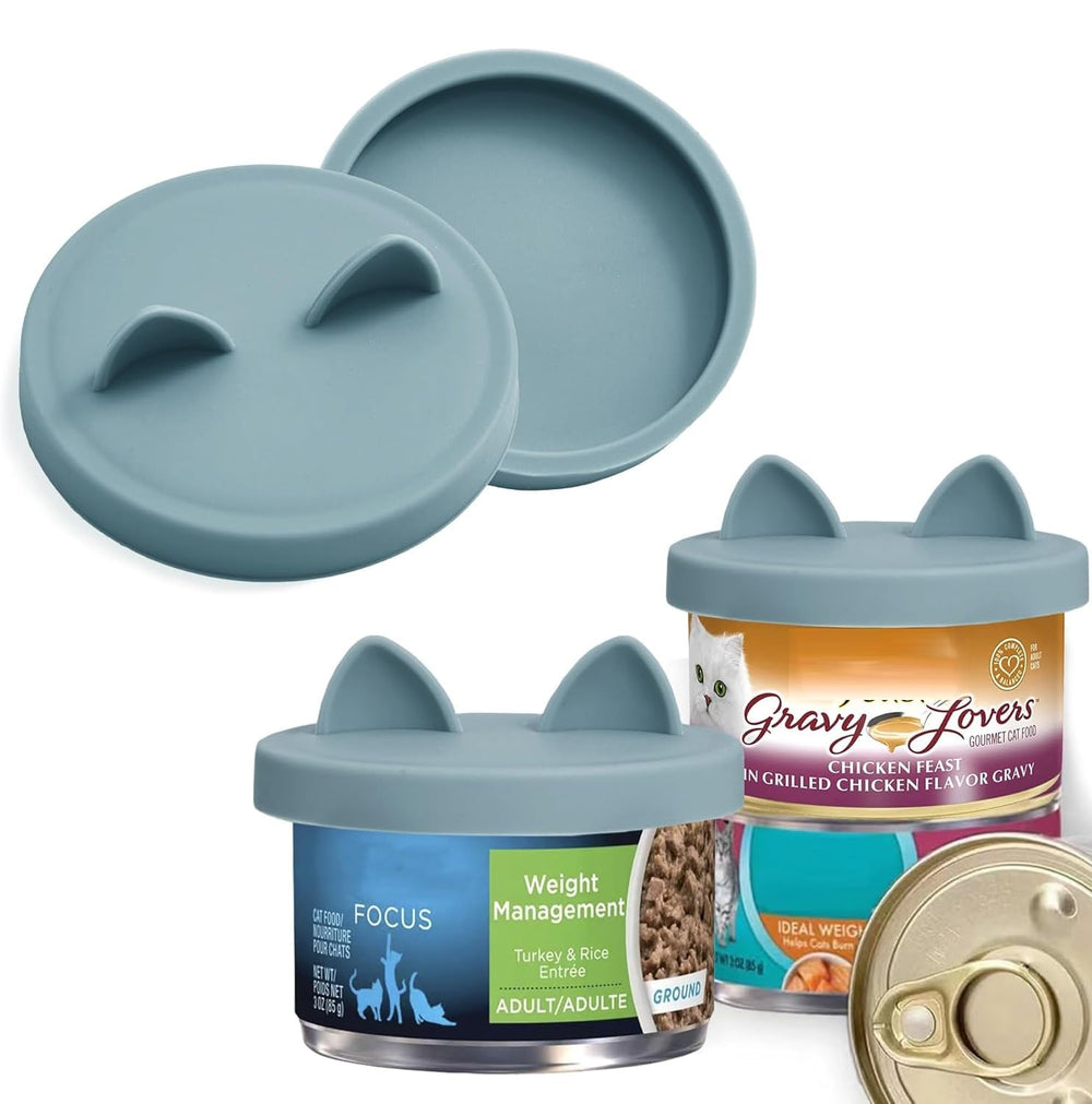 OHMO 2Pack cat food can lids in light blue pack view for reusable storage.