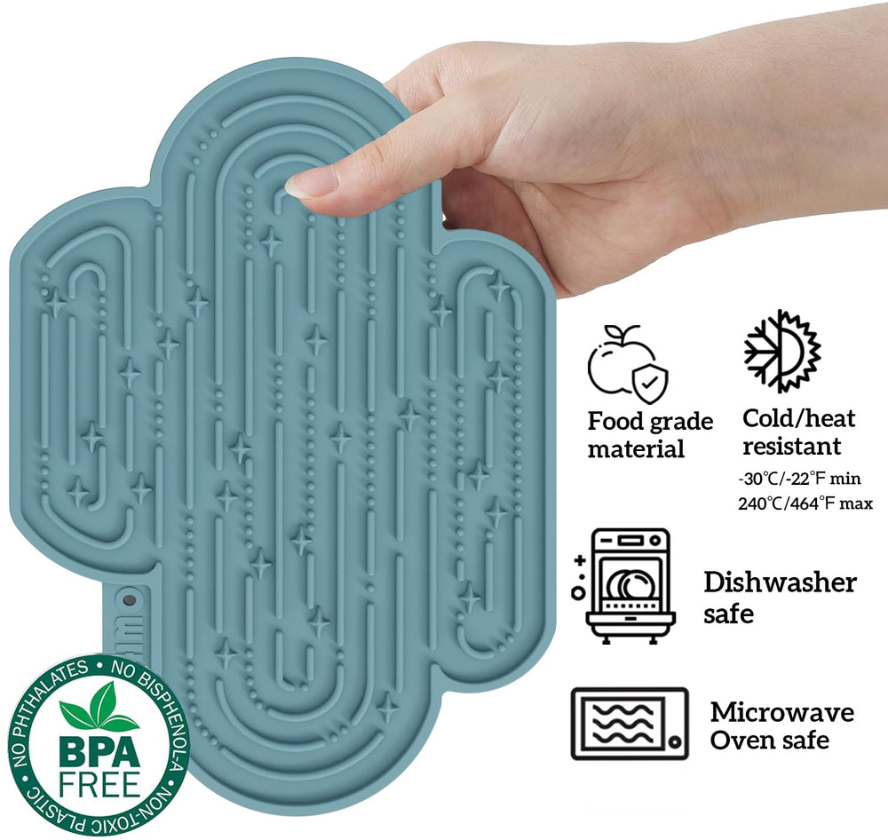 OHMO Cactus Lick Mat supports foods like peanut butter and yogurt.