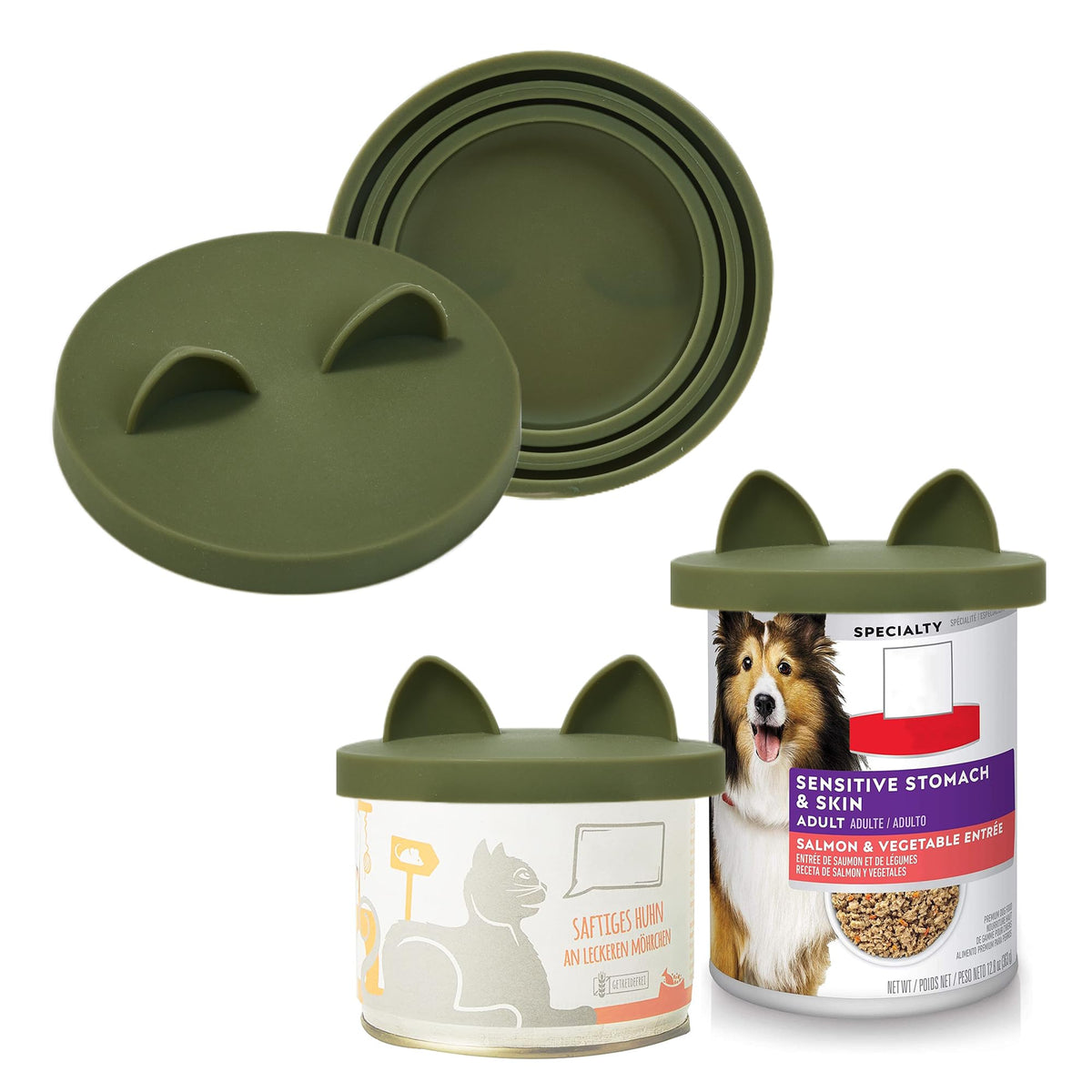 OHMO camo-green can lids closeup; reusable seal for pet food