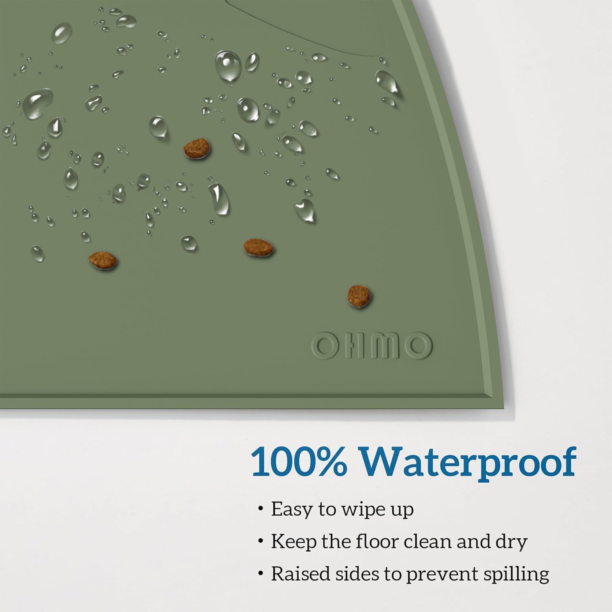 OHMO camo-green-silicone-mat reduces noise and protects floors from drips.