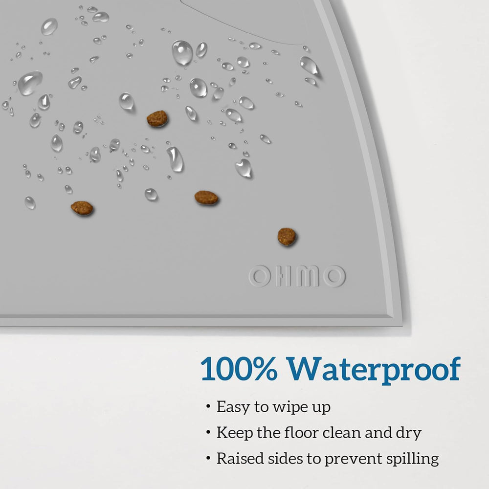 OHMO cat food mat raised lip prevents splashes on kitchen floor
