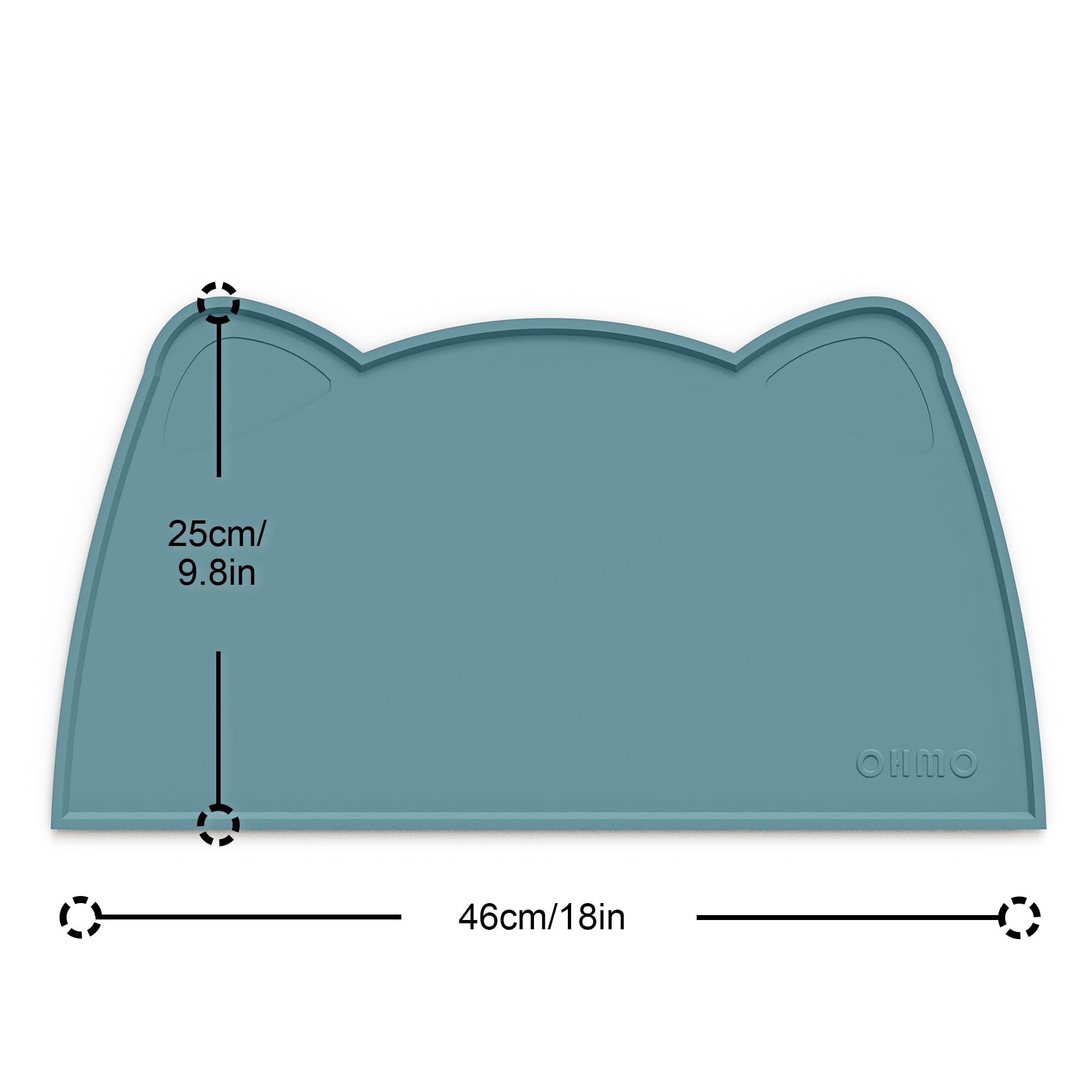 OHMO cat food mat demonstrates raised lip preventing spills during meals.
