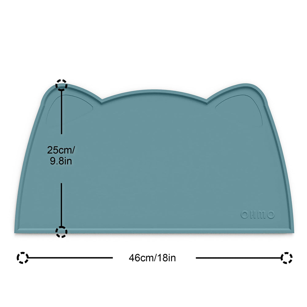 OHMO cat food mat demonstrates raised lip preventing spills during meals.
