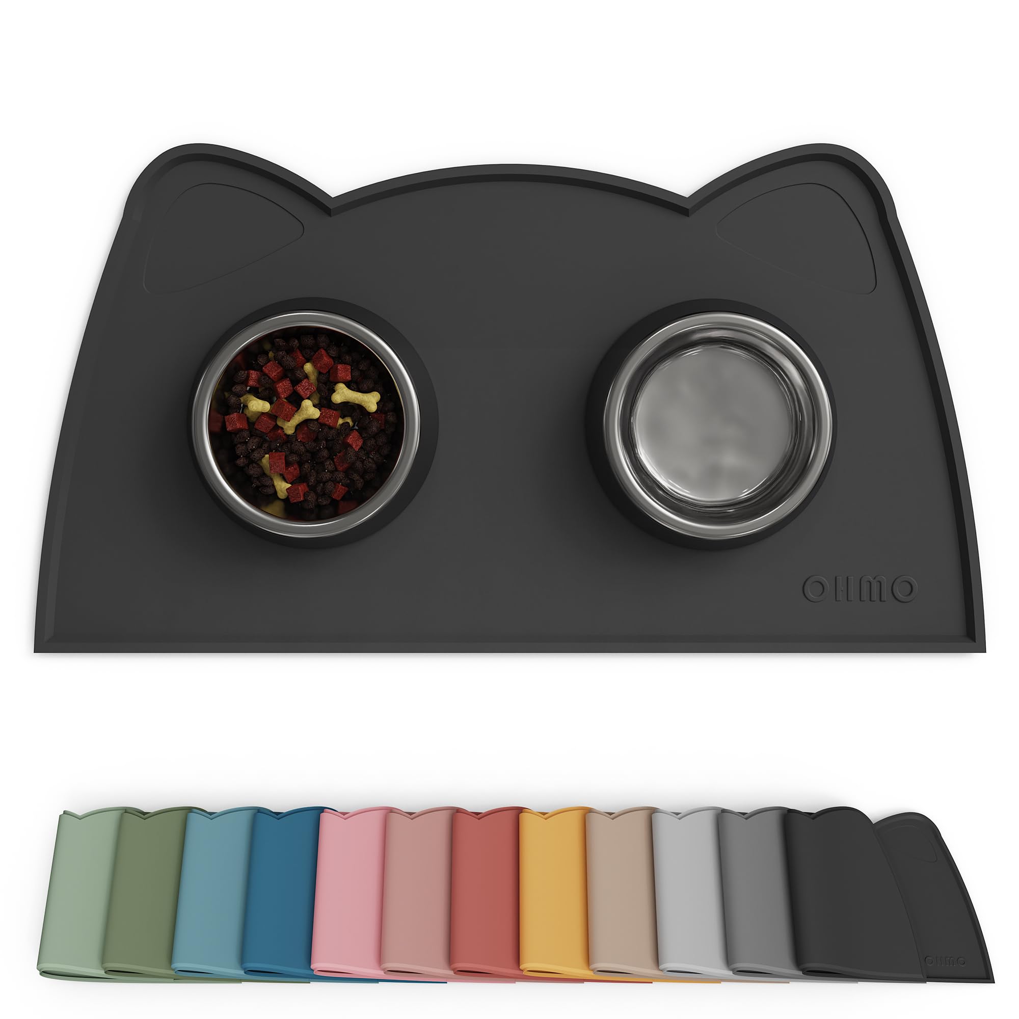 OHMO cat food mat with raised outer lip keeps floors clean during meals.