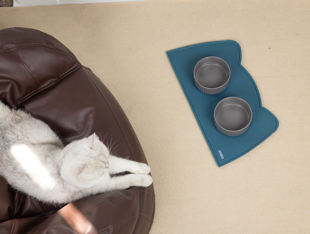 OHMO cat food mat teal floor view showing a visible, organized feeding area.