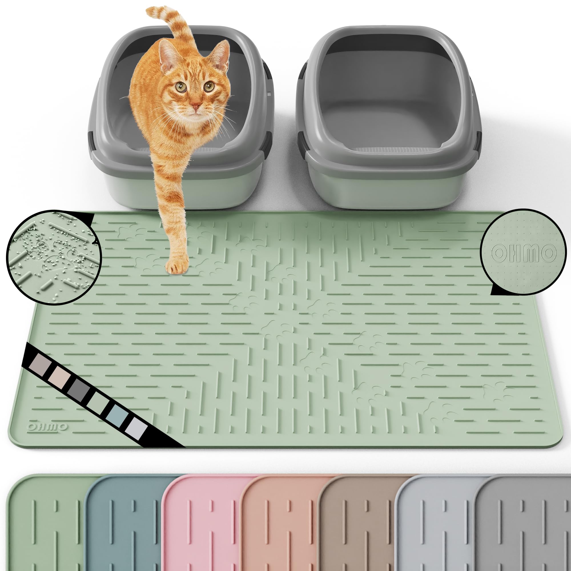 OHMO cat litter mat anti-scatter design captures litter for cleaner floors.