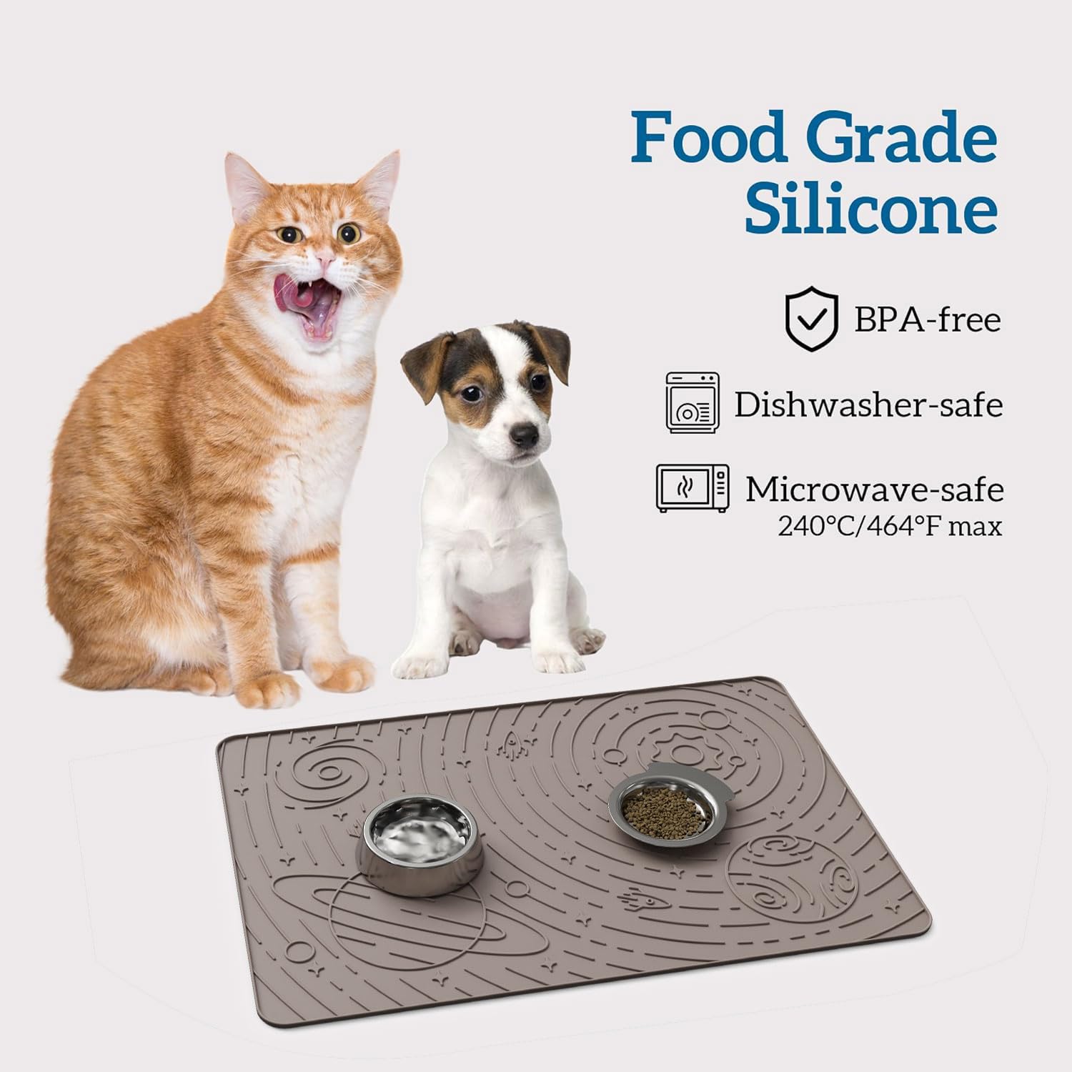 OHMO floor-protecting mat keeps feeding area tidy and organized.