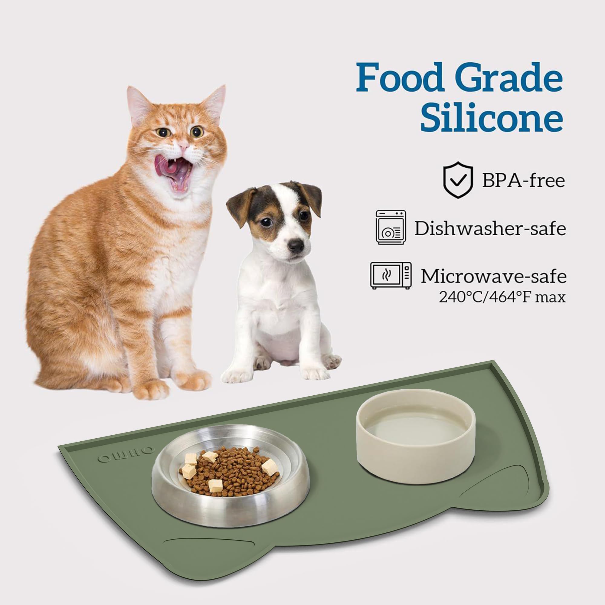 OHMO pet-placemat-easy-clean shows camouflage green surface for quick wipe-down.