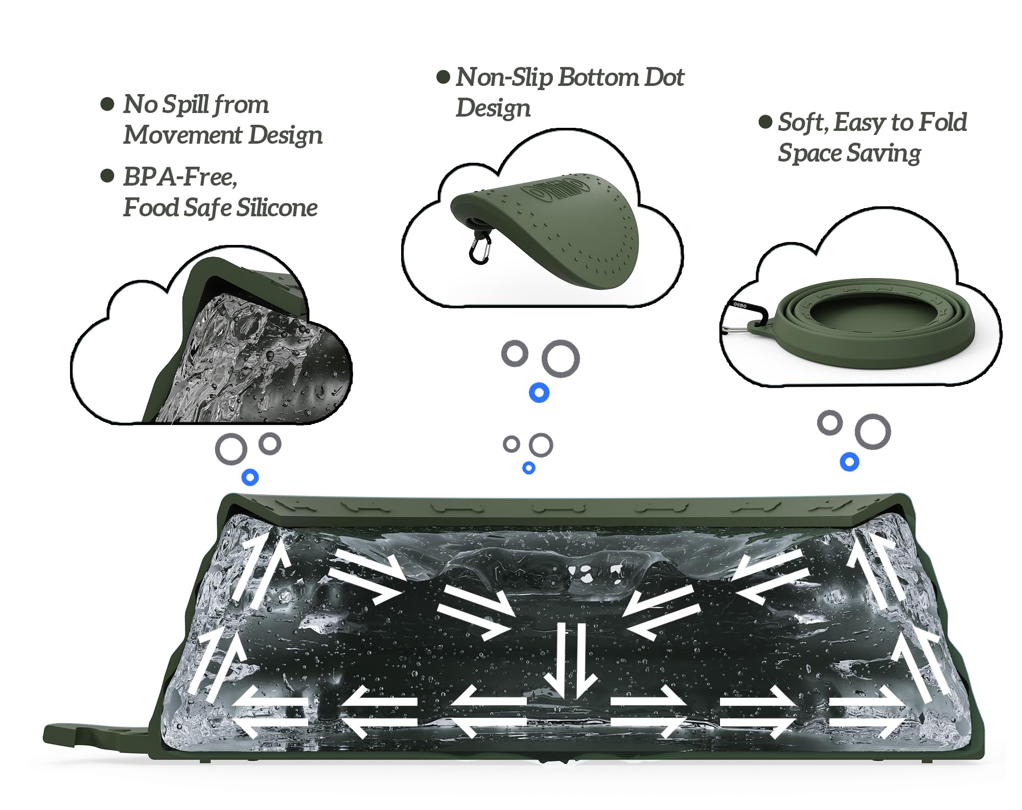 OHMO spill-proof collapsible dog bowl expanded for water on road trips