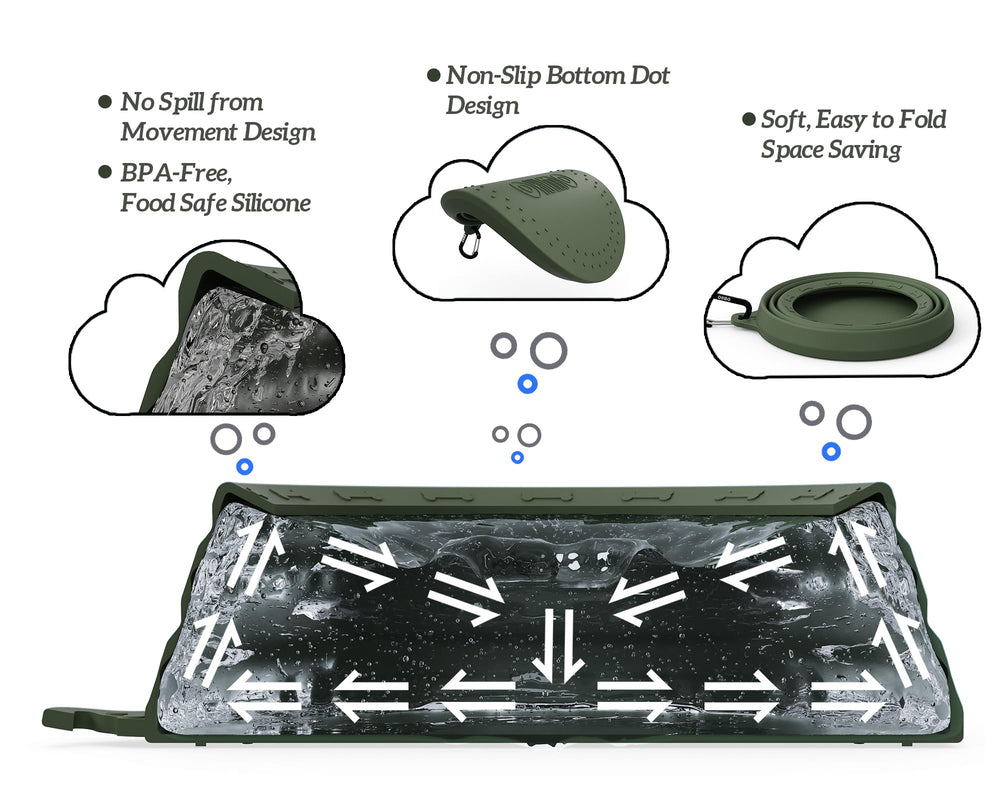 OHMO spill-proof collapsible dog bowl expanded for water on road trips