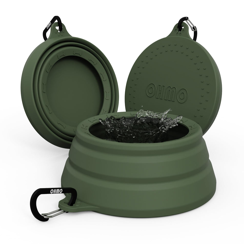 OHMO spill-proof collapsible dog bowl folded for compact travel