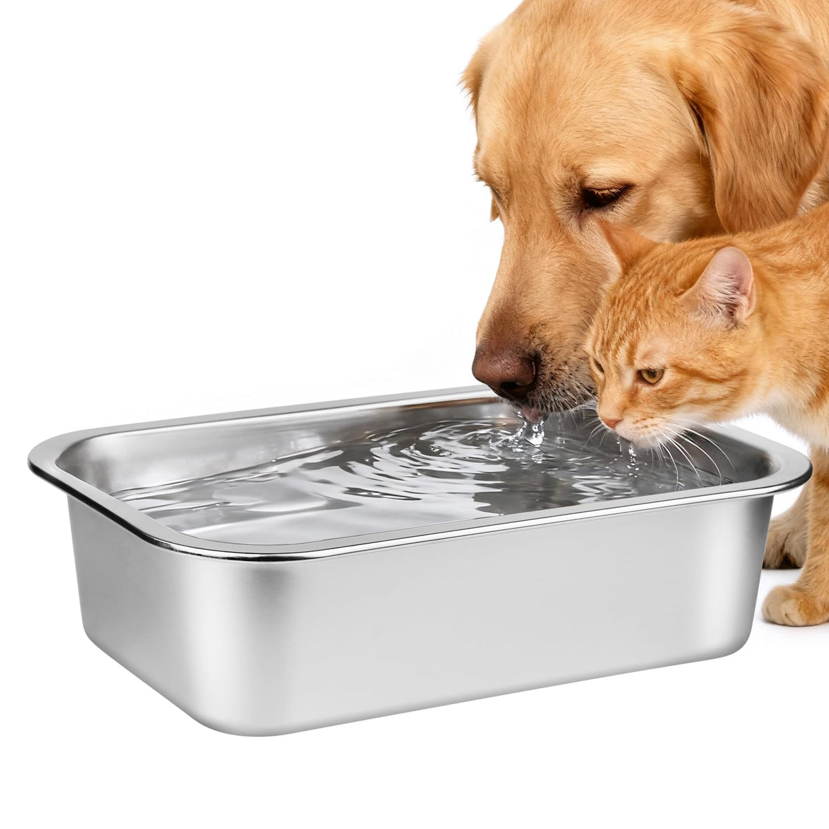 Ohtomber stainless steel dog bowl closeup shows 0.85-gallon capacity for large pets.