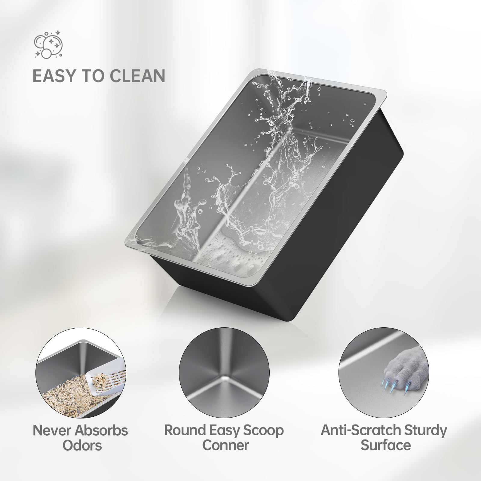 Ohtomber stainless steel litter box with round edges offers safe, easy scooping.