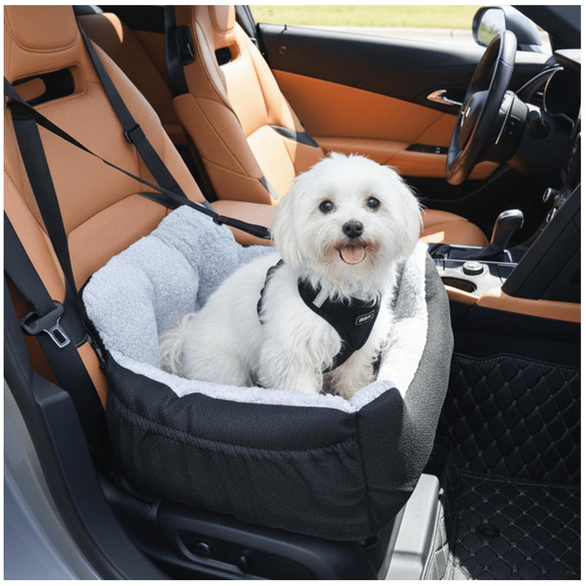 Oiilores dog car seat front view with secure harness for safe car travel.