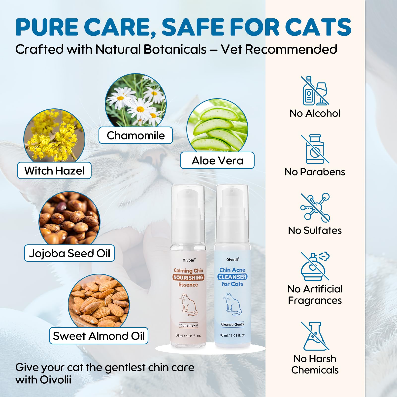 Oivolii Cat Chin Care Kit usage scene demonstrates easy, stress-free chin care.