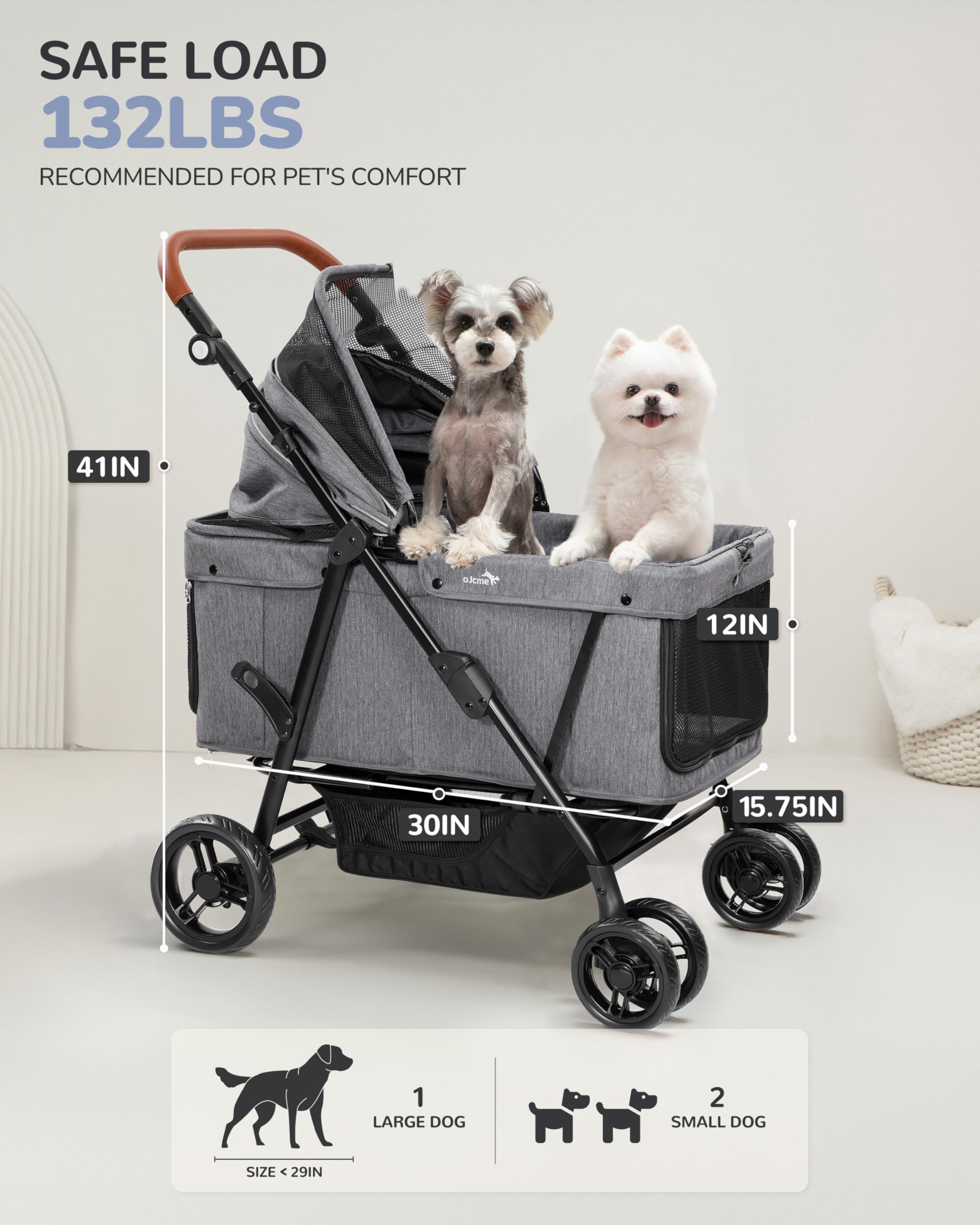 ojcme dog stroller adjustable handle supports pushing for tall or short users.