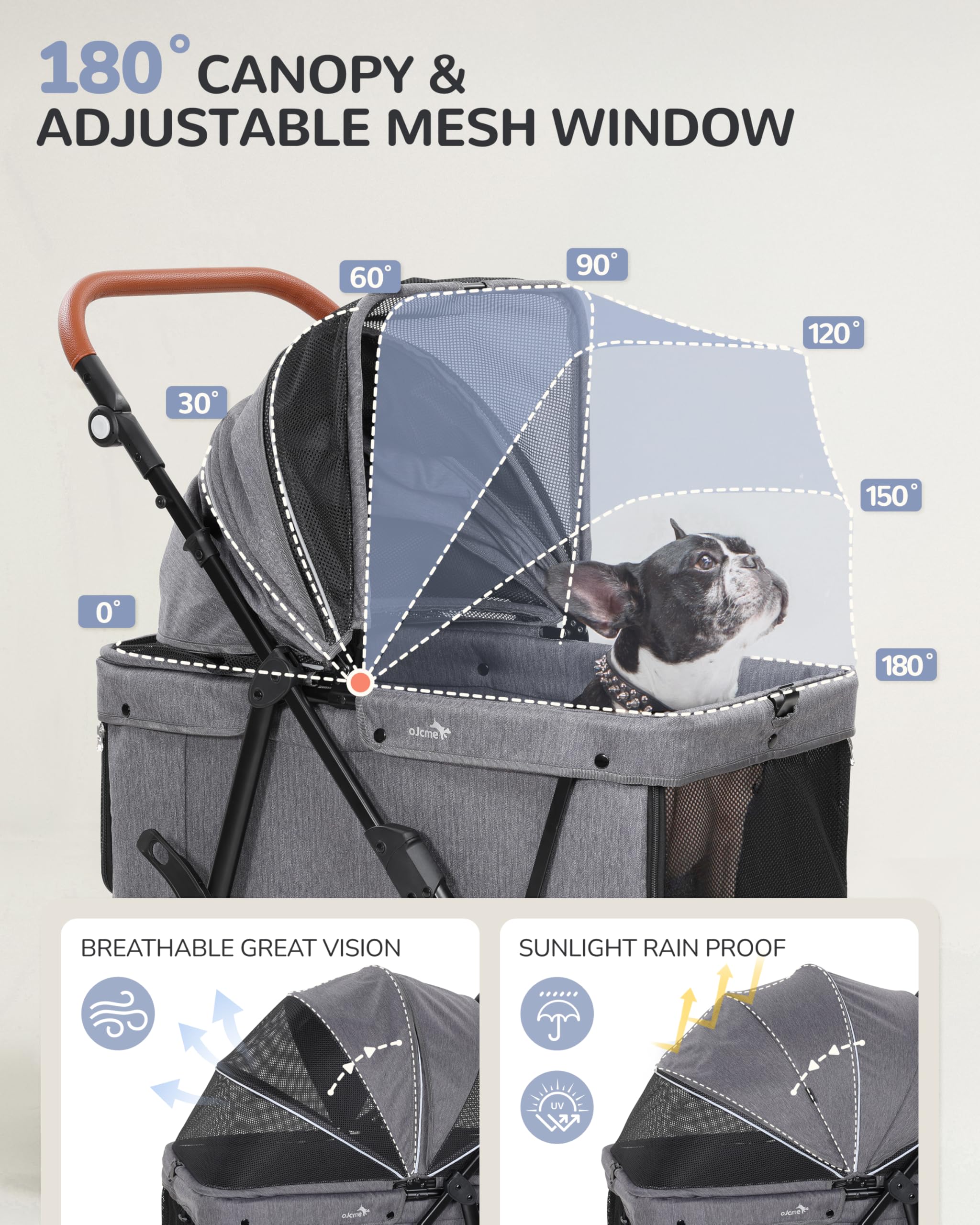 ojcme dog stroller undercarriage basket stores water, treats, and waste bags.
