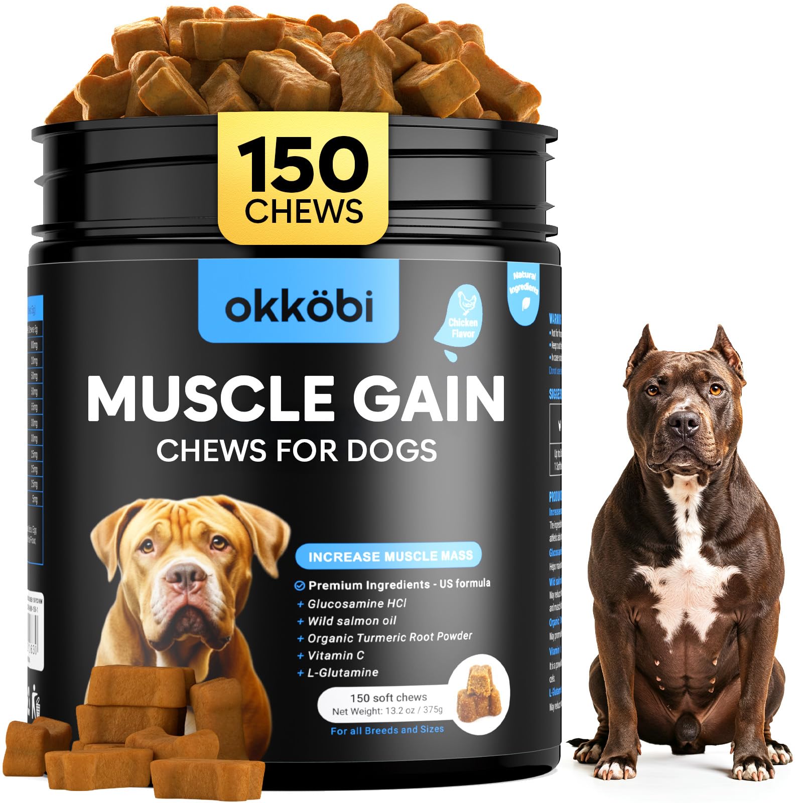 OKKÖBI 11-in-1 Muscle Gain Chews bottle showcasing protein-rich treats for dog muscle support