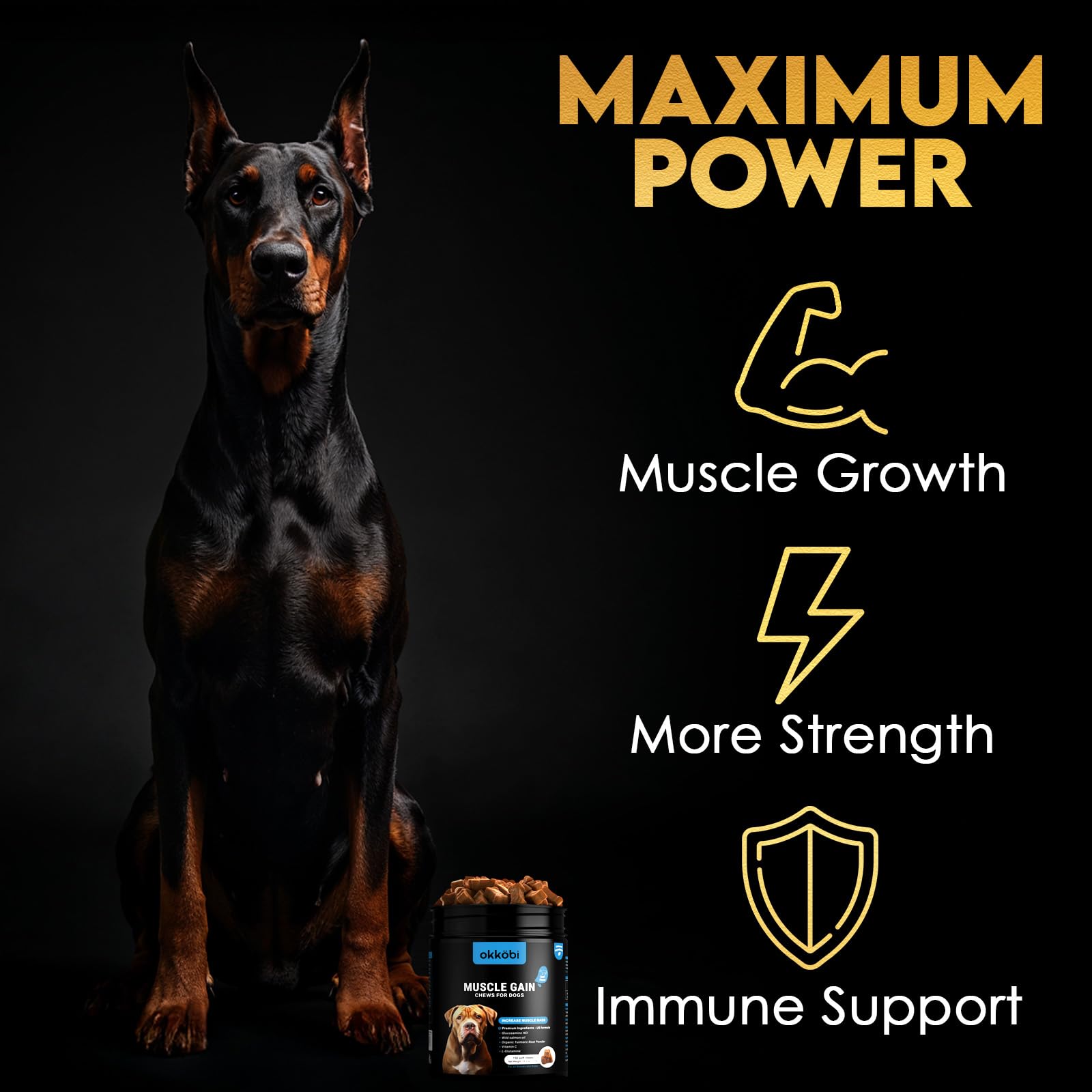 OKKÖBI 11-in-1 Muscle Gain Chews packaging highlighting all-breed support