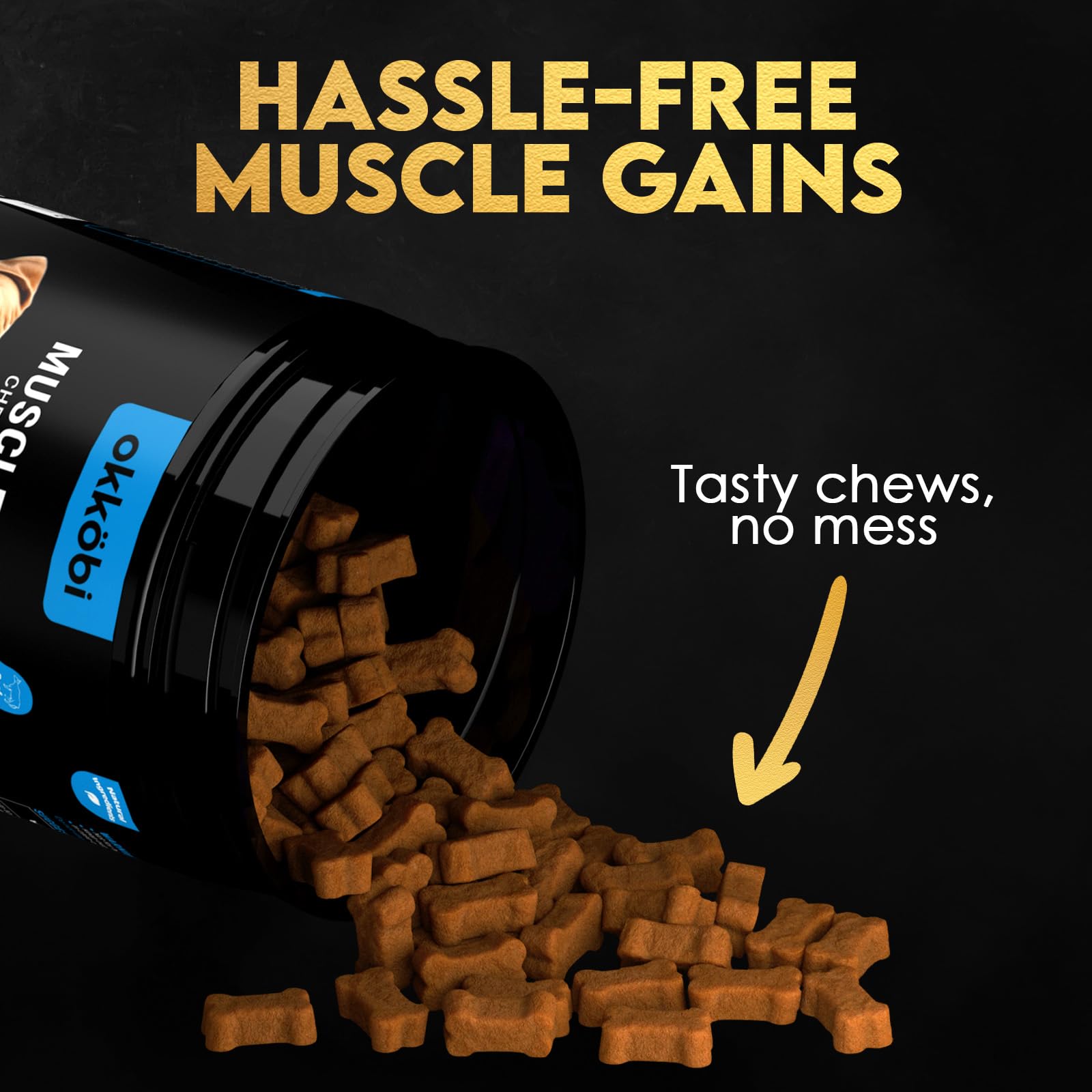 OKKÖBI Muscle Gain Chews close-up of chewy texture and chicken flavor