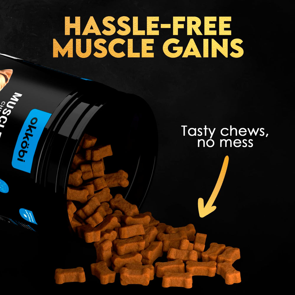 OKKÖBI Muscle Gain Chews close-up of chewy texture and chicken flavor