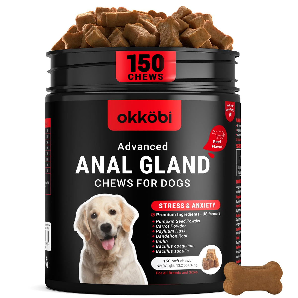 OKKÖBI Anal Gland Chews bottle pouring for convenient digestive support for dogs