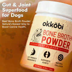 OKKÖBI beef bone broth used as a dog food topper to enhance meals.