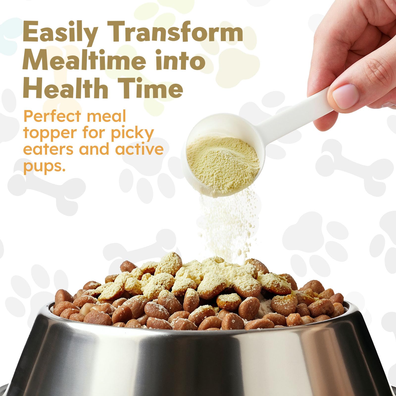 OKKÖBI bone broth sprinkled on dry food to boost hydration and nutrition.