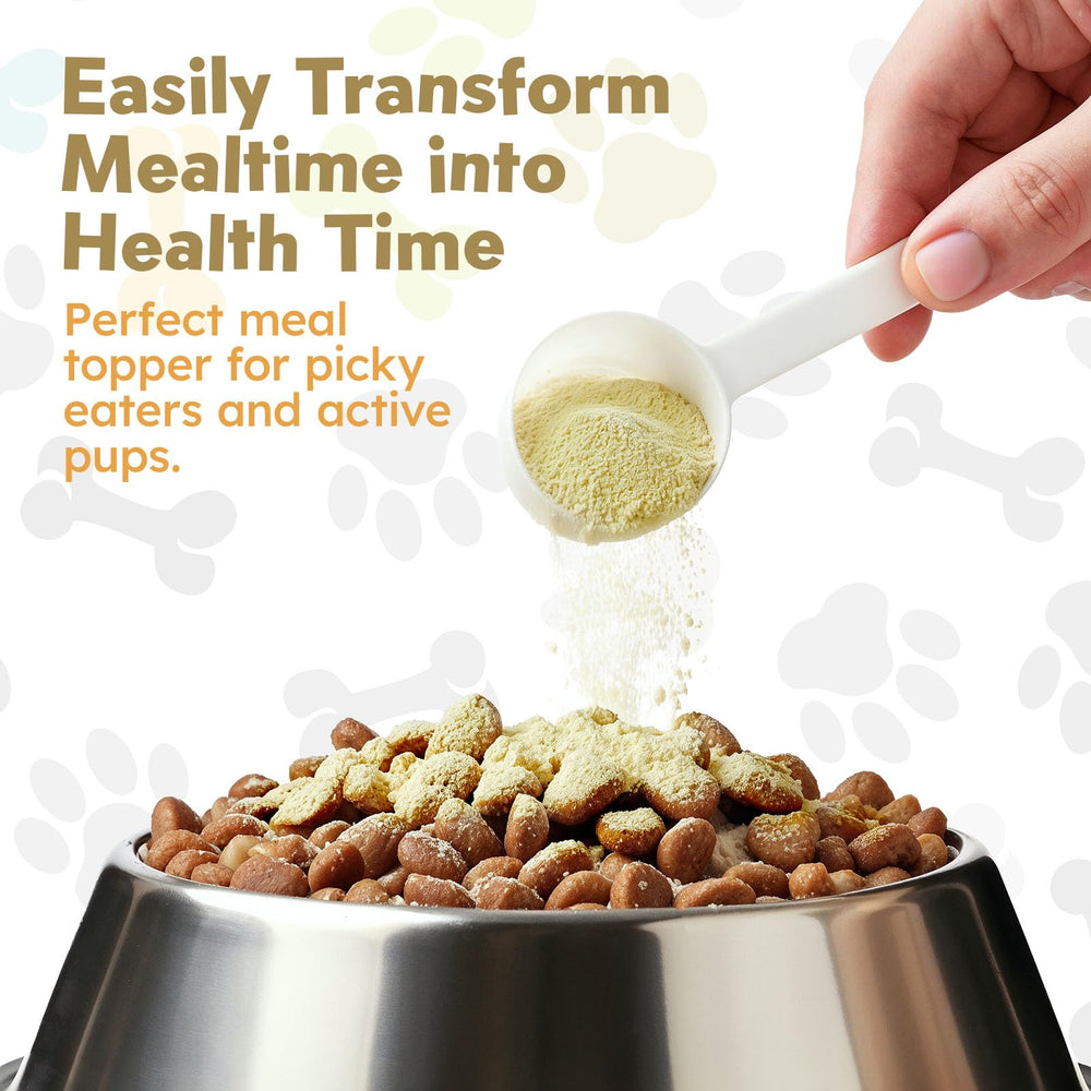 OKKÖBI bone broth sprinkled on dry food to boost hydration and nutrition.