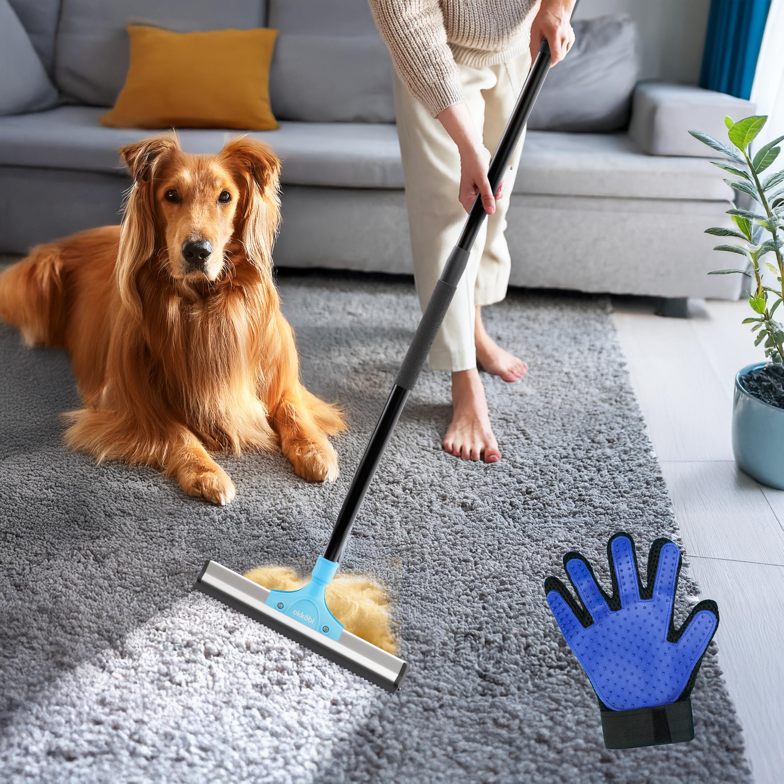 OKKÖBI Carpet Rake extended handle for easy reach on stairs and furniture.