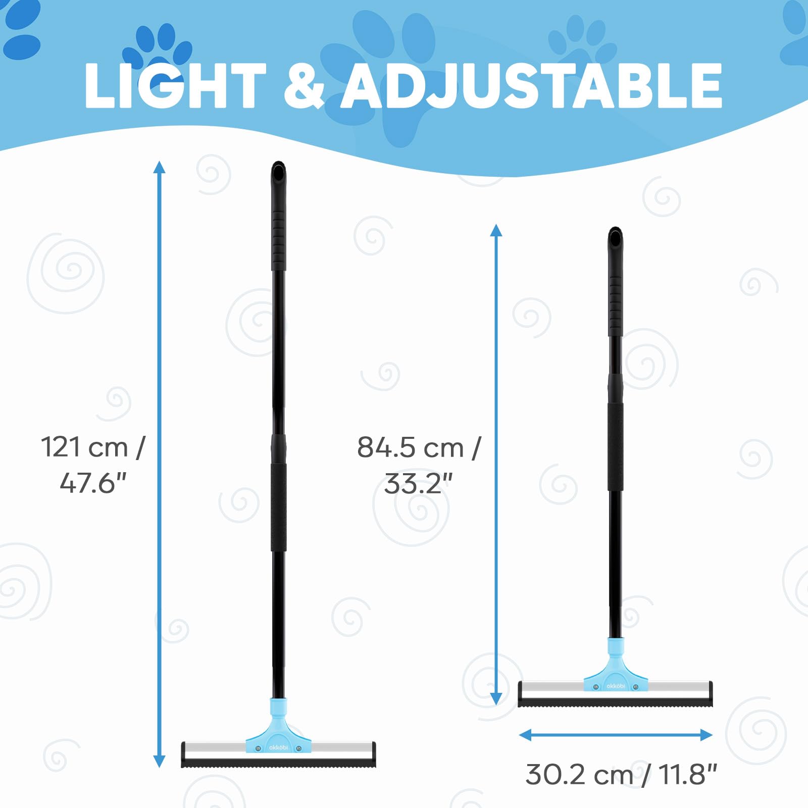 OKKÖBI Carpet Rake stainless steel handle provides durable daily use.