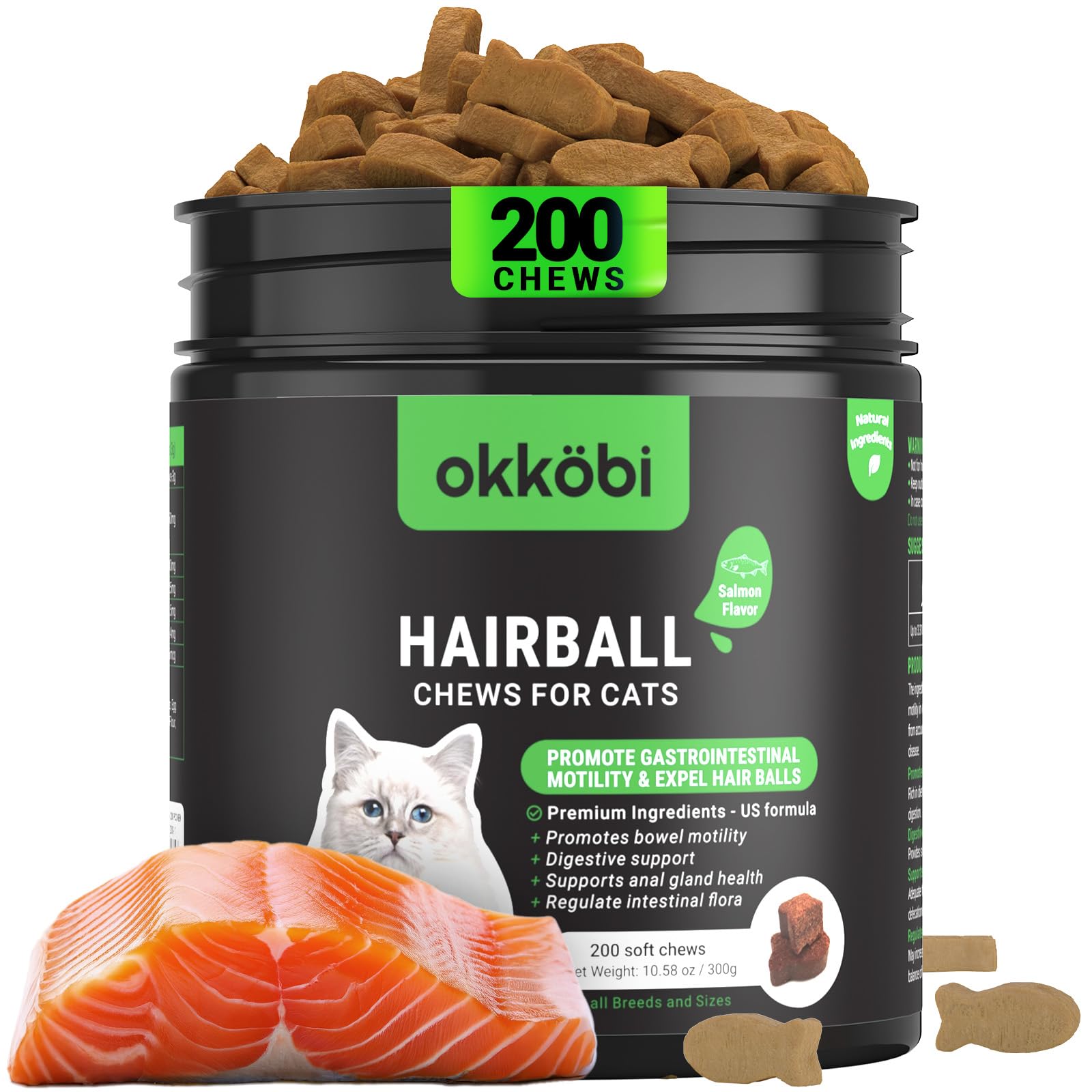 OKKÖBI cat hairball remedy treats bag—salmon-flavored chews designed to support digestion and furball control.