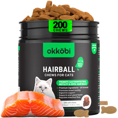 OKKÖBI cat hairball remedy treats bag—salmon-flavored chews designed to support digestion and furball control.