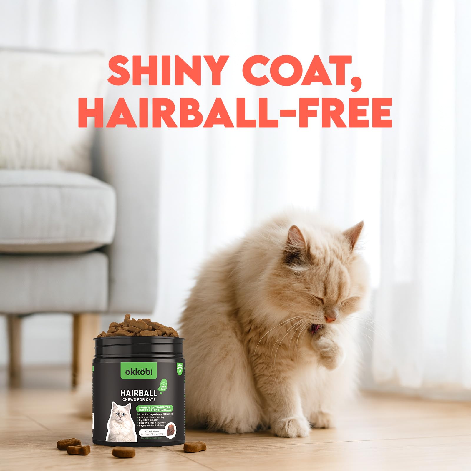 OKKÖBI cat hairball remedy treats closeup—appealing texture that cats may enjoy as a tasty preventative treat.