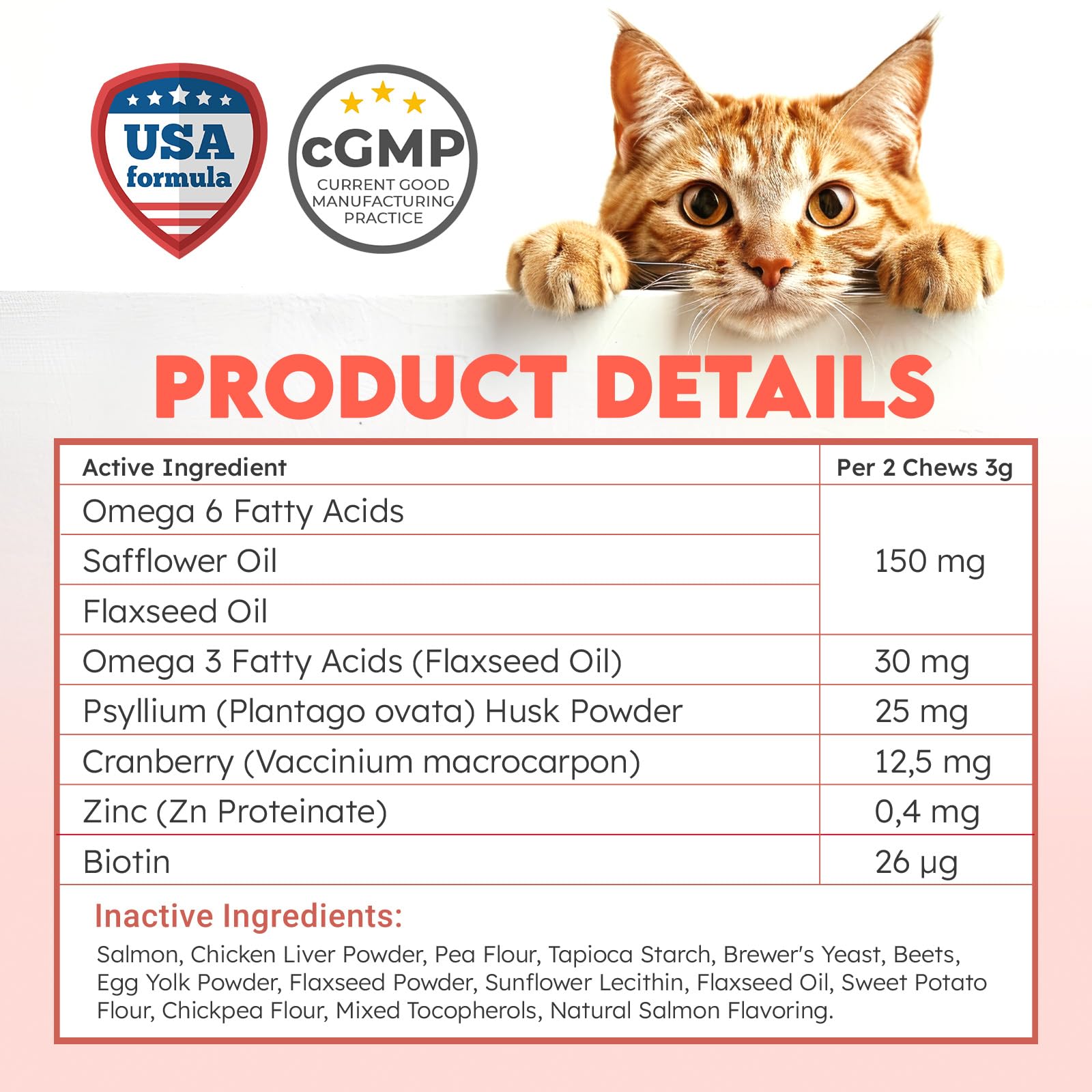 OKKÖBI cat hairball remedy treats coat health—Omega fatty acids supporting a healthier coat.