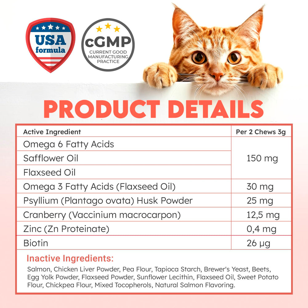 OKKÖBI cat hairball remedy treats coat health—Omega fatty acids supporting a healthier coat.