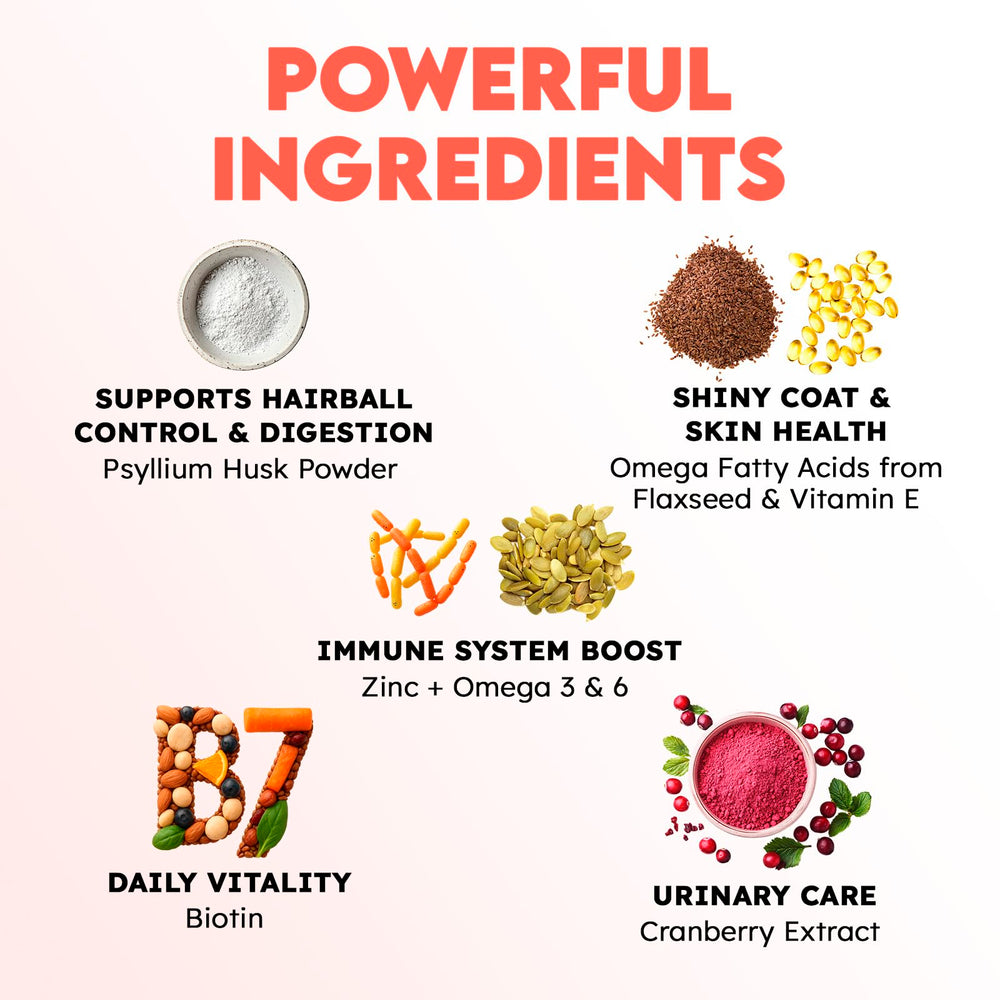 OKKÖBI cat hairball remedy treats serving—demonstrates easy administration as a direct treat or mixed into food.