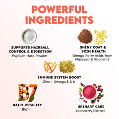 OKKÖBI cat hairball remedy treats serving—demonstrates easy administration as a direct treat or mixed into food.