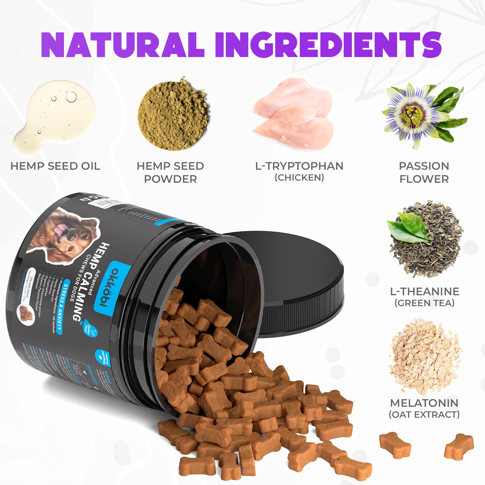 OKKÖBI chicken-flavor chews pack shot demonstrates a tasty, calming daily option.