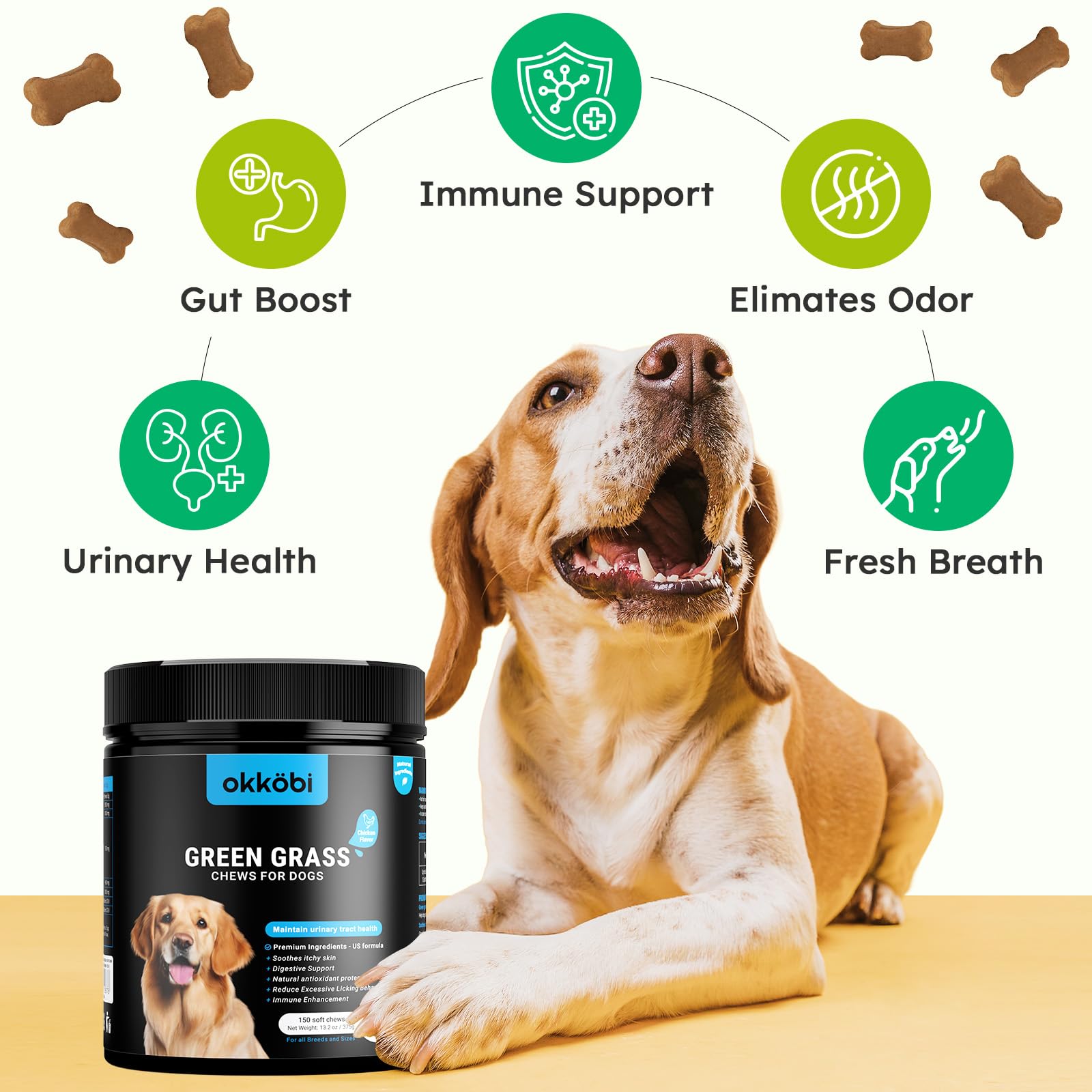 OKKÖBI chicken-flavor chews on paw-friendly surface shows bite-sized convenience