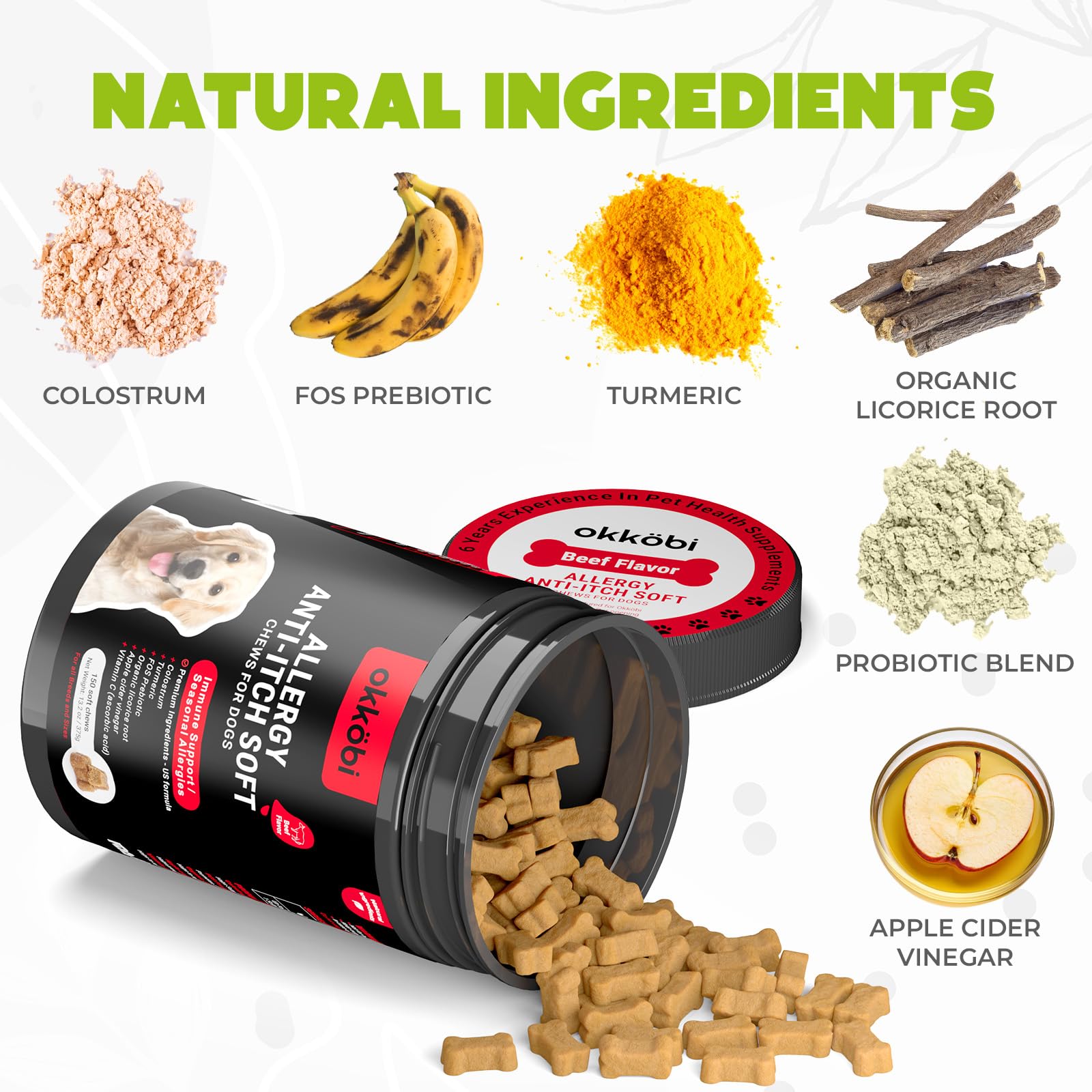 OKKÖBI dog allergy chews ingredients card highlighting natural probiotic blend