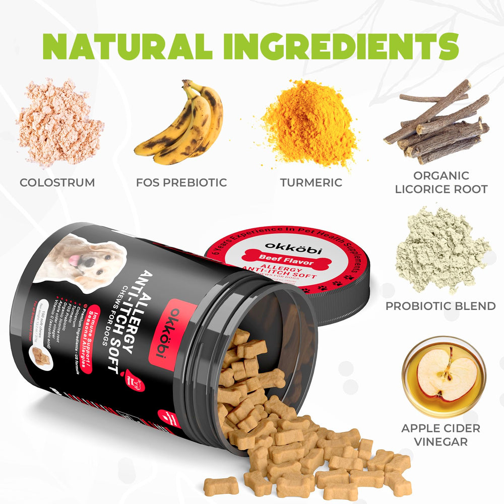 OKKÖBI dog allergy chews ingredients card highlighting natural probiotic blend