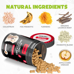 OKKÖBI dog allergy chews ingredients card highlighting natural probiotic blend
