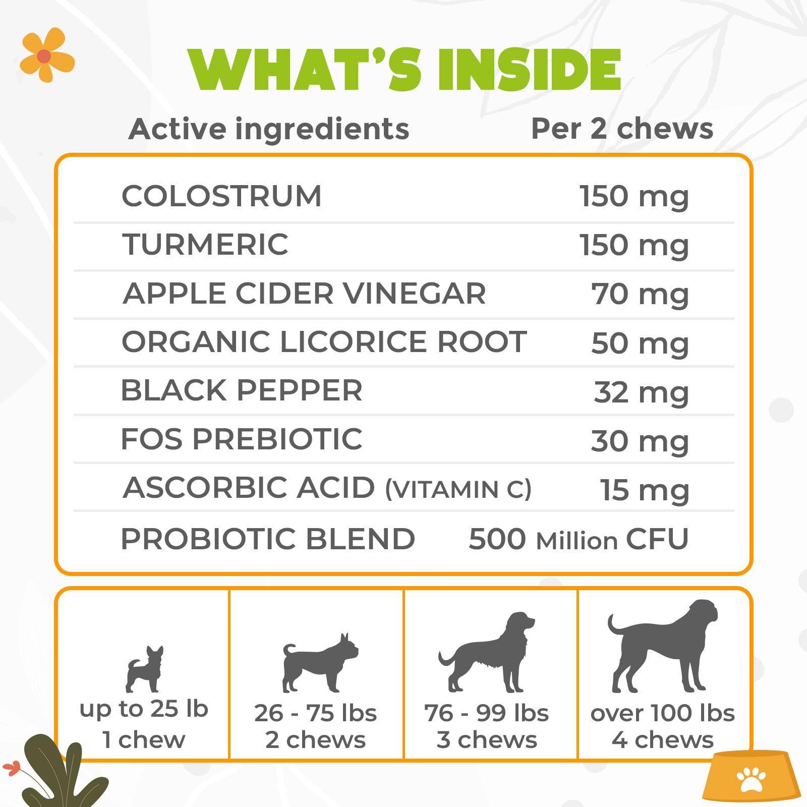 OKKÖBI dog allergy chews ingredients label emphasizes probiotics and vitamins