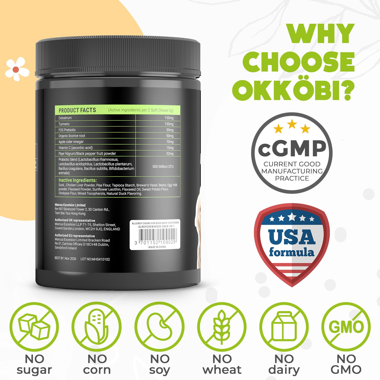 OKKÖBI dog allergy chews packaging front highlights natural ingredients