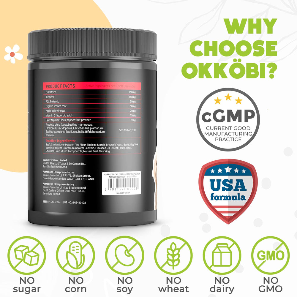 OKKÖBI dog allergy chews near paw, soothing itch relief potential