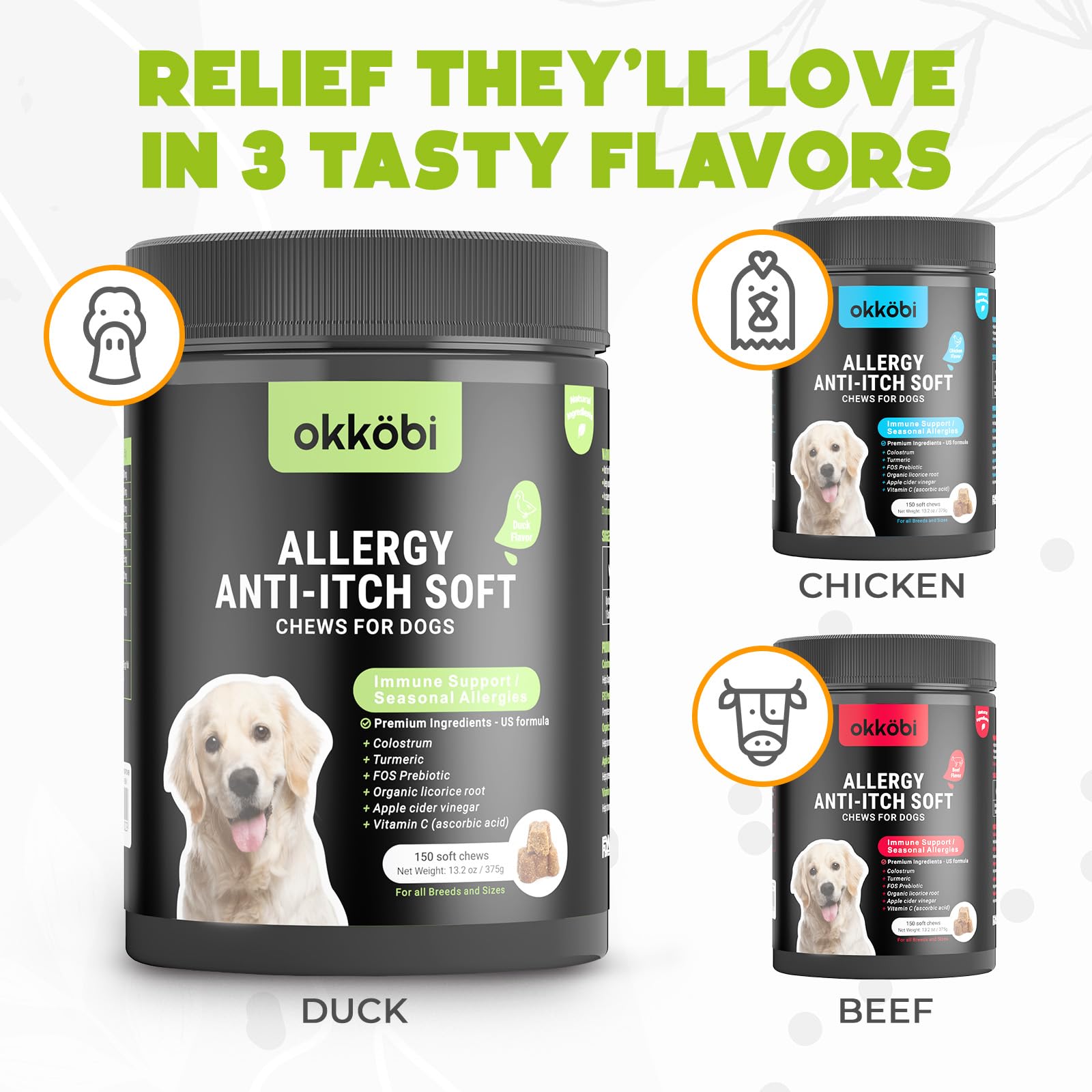 OKKÖBI dog allergy chews pouch shown with a calm, satisfied dog