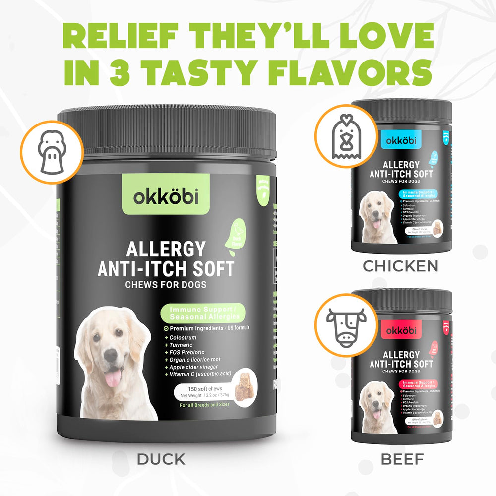 OKKÖBI dog allergy chews pouch shown with a calm, satisfied dog