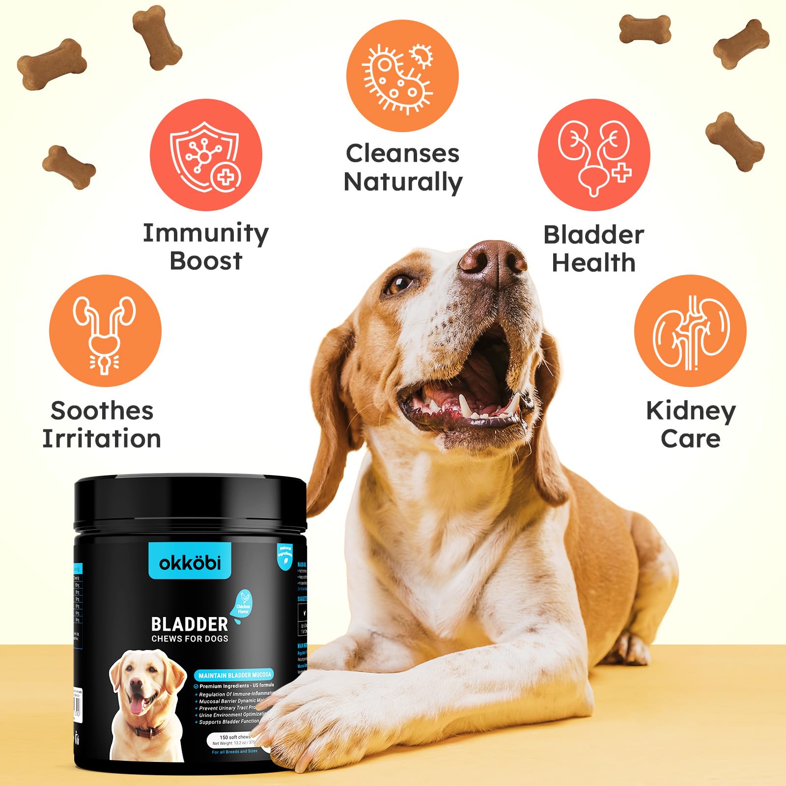 OKKÖBI dog bladder chews dog-eating scene suggests tasty, easy daily dosing.