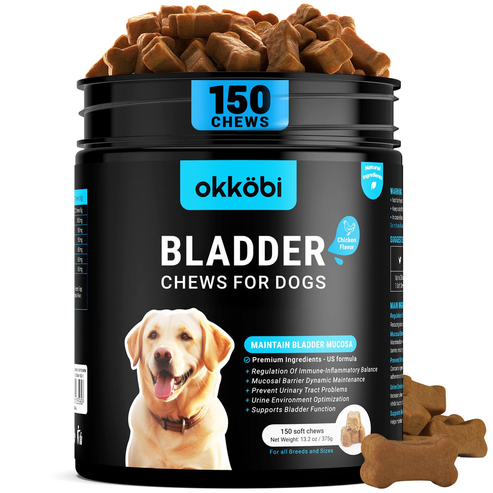 OKKÖBI dog bladder chews packaging shows 150-count bottle for easy daily dosing.